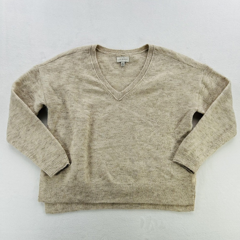 Lucky Brand Sweater Womens Small Oatmeal Beige V Neck Heather Knit Pullover